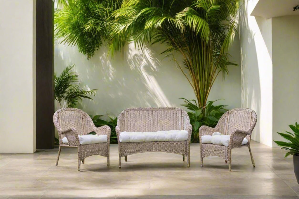 RSH DECOR: Tufted Wicker Loveseat Cushion | 41” x 19" | All-Weather Spun Fabric | Water and Fade-Resistant | Outdoor Settee Cushion for Patio Furniture | Navy & White Stripe