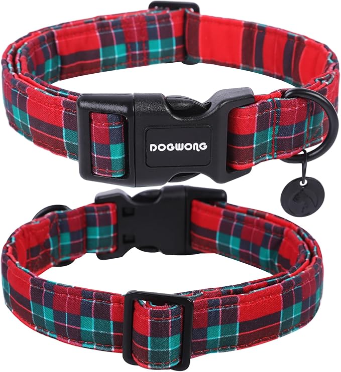 DOGWONG Christmas Cotton Dog Collar, Red Green Tartan Christmas Dog Collar Durable Soft Fabric Pet Dog Collars Cute Red Green Plaid Necklace for Large Dogs