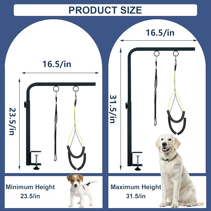 31" Dog Grooming Arm with Clamp – Adjustable Dog Grooming Table Arm Customizable Height for Small & Medium Dogs, with Grooming Loop Noose & Two No-Sit Haunch Holder Restraint, Black