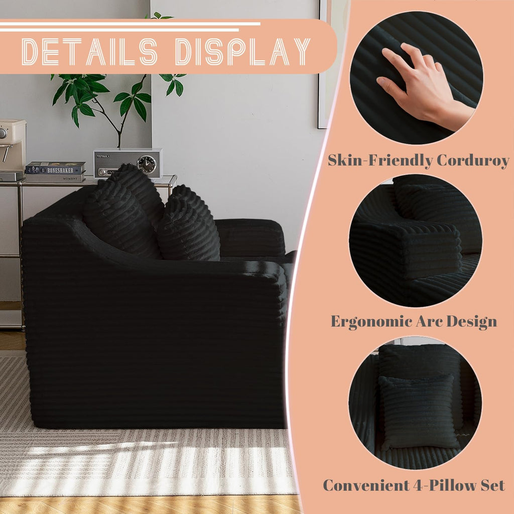 55 Inch Chaise Lounge Indoor - Oversized Chaise Lounge with 4 Throw Pillows and Armrets, Upholstered Plush Sofa Bed, Corduroy Lazy Chair Bed, Sleeper Chair for Living Room or Bedroom, Black