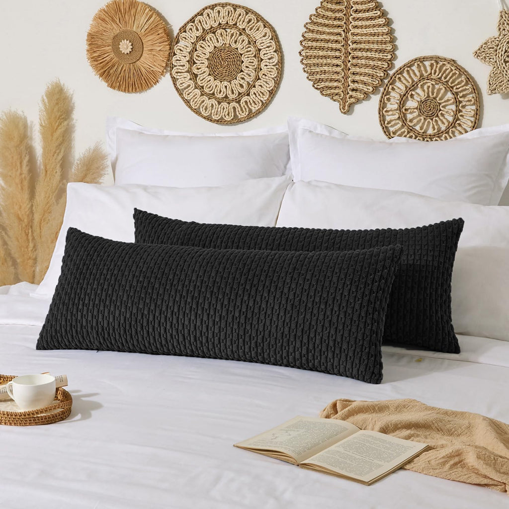 Kevin Textile 20x54 Inch Long Body Lumbar 1 Pack Boho Decorative Throw Pillow Cover Soft Striped Corduroy Rectangle Cushion Case Farmhouse Accent for Living Room Couch Sofa Bed, Black