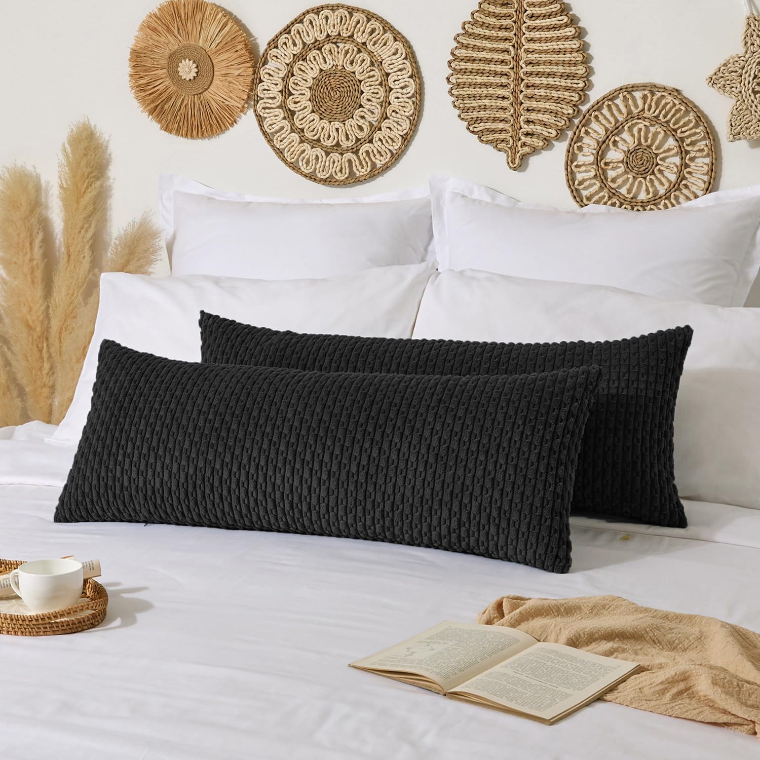 Kevin Textile 20x54 Inch Long Body Lumbar 1 Pack Boho Decorative Throw Pillow Cover Soft Striped Corduroy Rectangle Cushion Case Farmhouse Accent for Living Room Couch Sofa Bed, Black