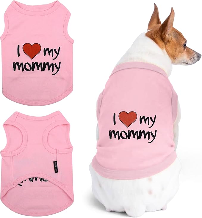 Parisian Pet Dog T-Shirt with Embroidered 'I Love My Mommy' Words - 100% Cotton, Pink Dog Clothes - Sleeveless Pet Vest - Machine Washable Shirt for Large Dogs, 3XL