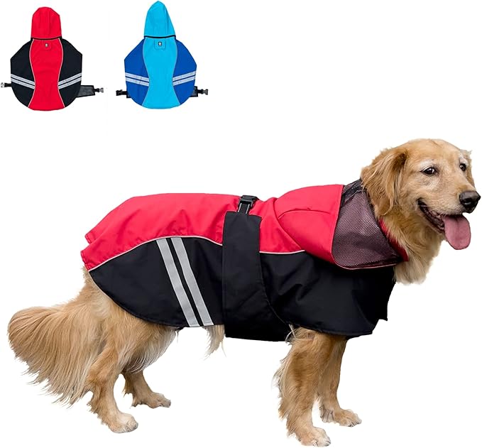Dog Raincoat for Medium Large Extra Large Dogs, Waterproof Rain Jacket with Reflective Strap, Lightweight Hoodies Full-Body Coverage Dry Clothes (2XL, Red)