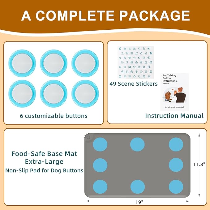 Dog Buttons for Communication – 6 Pack Rechargeable Dog Talking Buttons Starter Kit with Non-Slip Mat, High-Sensitivity & 24s Voice Recording 49 Stickers Pet Training Buttons for Dogs & Cats