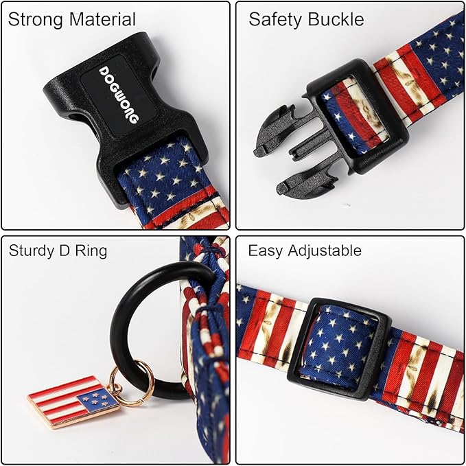 DOGWONG American Flag Dog Collar, Patriotic Independence Day Dog Collar Durable Soft Fabric Pet Dog Collars US Flag Boy Puppy Necklace for Small Medium Large Dogs