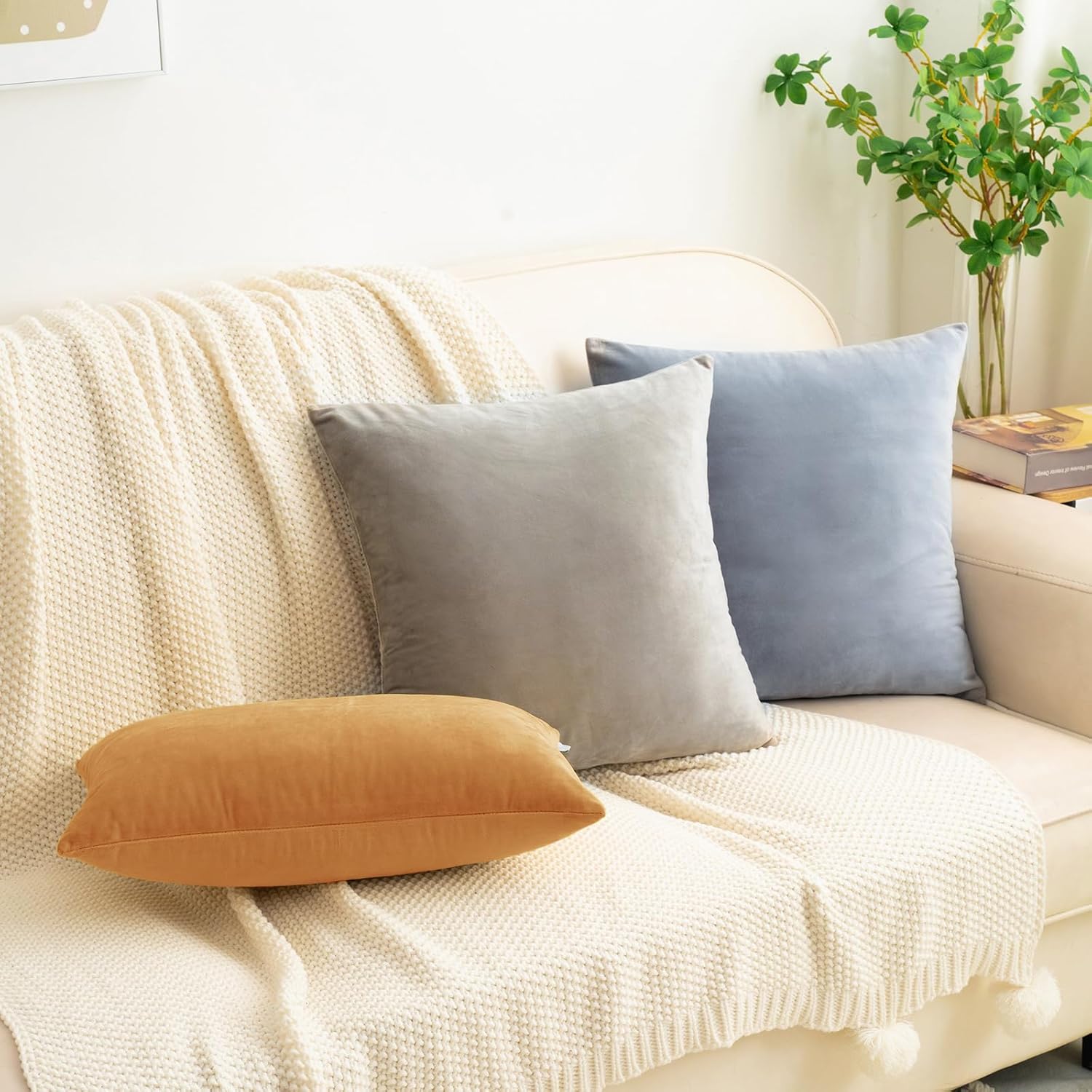 HWY 50 Orange Velvet Throw Pillow Covers 22x22 Inch, Pack of 2 Soft Cozy Solid Decorative Fall Luxury Cushion Cases for Couch Sofa Bed Living Room Bedroom