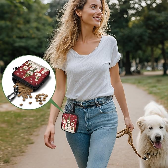 KEIAHUAN Christmas Snowman Zippered Dog Treat Pouch Red Pocket Sized Dog Training Treat Pouches Hands-Free Pet Feed Snack Reward Pocket for Training, Walking & Outdoor