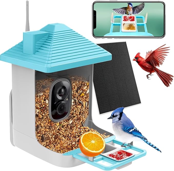 Smart Bird Feeder with Camera,AI Identify Species,Bird House with Solar Powered,Instant Arrival Alerts,2K Capture Video,Live View for Lover (Blue)