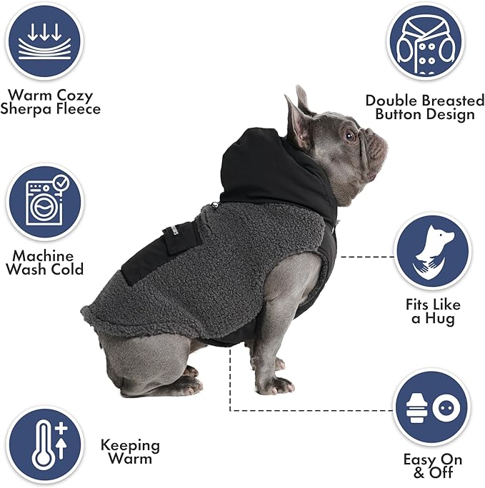 Spark Paws Reversible Dog Sweater, Sherpa Jacket Vest with Warm Fleece Lining, Warm Coat for Winter, Suitable for Small Medium, Large, XL XXL Dogs - Black and Grey - M