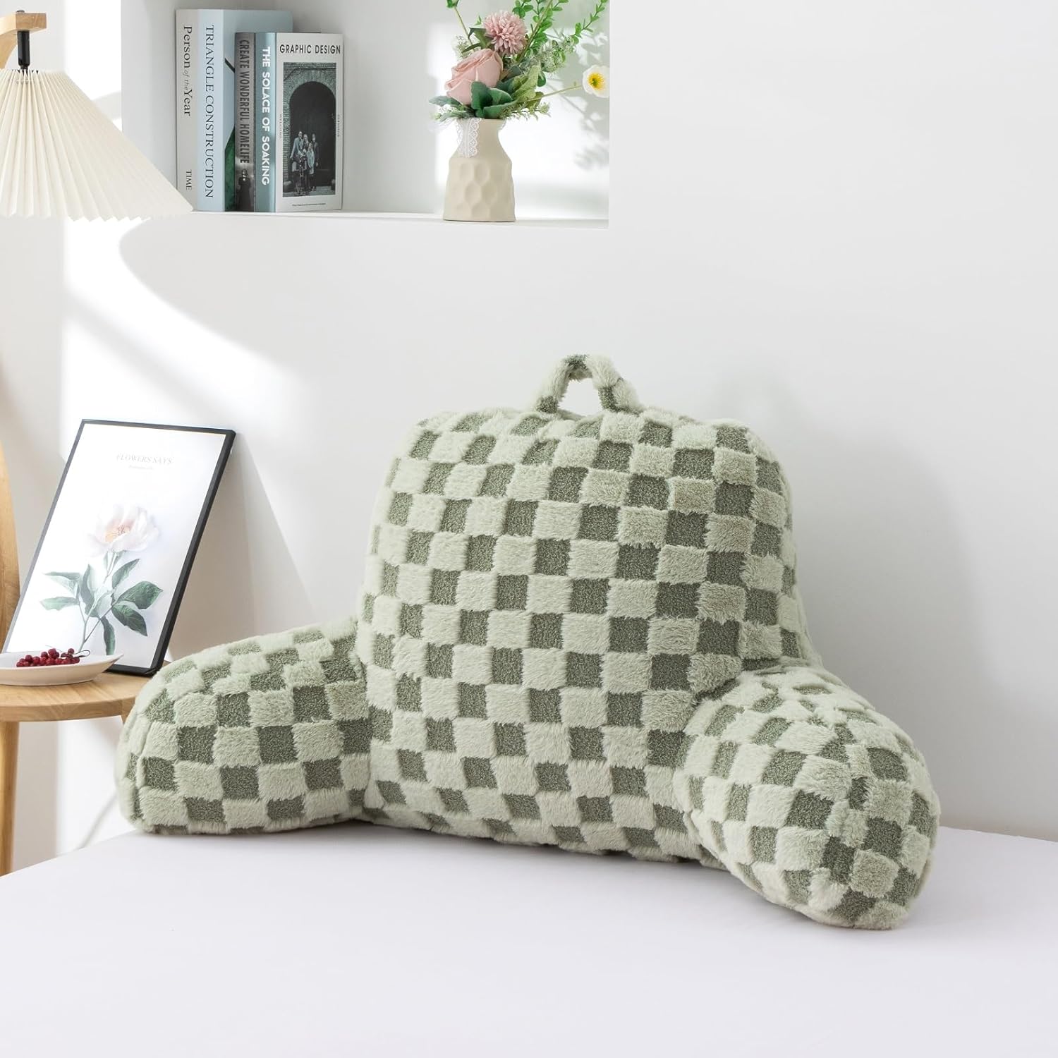 A Nice Night Faux Fur Reading Pillow,Checkered Fluffy Grid Plaid,Bed Wedge Pillow Large Adult Children Backrest with Arms for Bedrest,Green