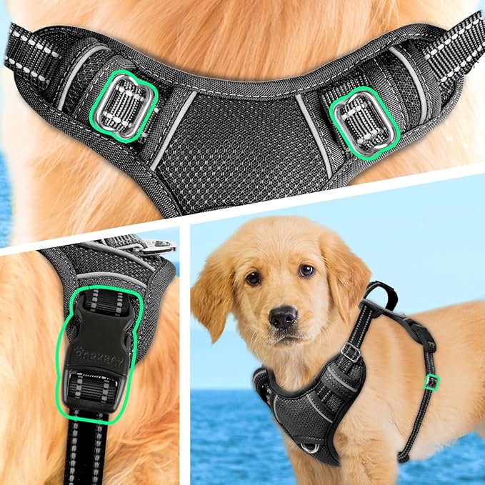 BARKBAY No Pull Dog Harness Large Reflective Dog Harness with Front Clip and Easy Control Handle for Walking Training Running with ID tag Pocket(Black,XS)