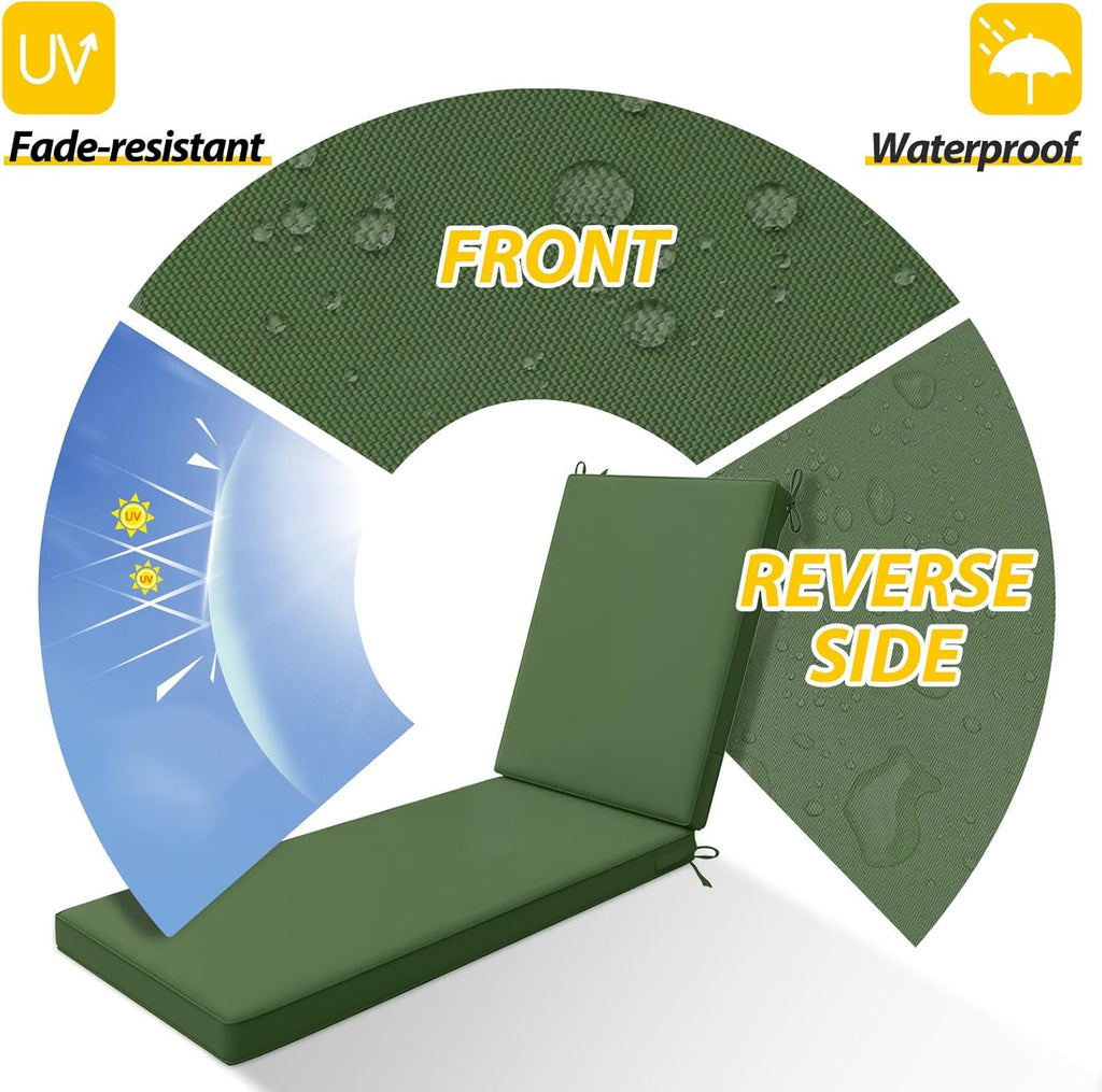 AAAAAcessories Outdoor Chaise Lounge Cushions, Waterproof, Fade-Resistant Patio Furniture Replacement Cushions, 80" x 26" x 3", Dark Moss Green