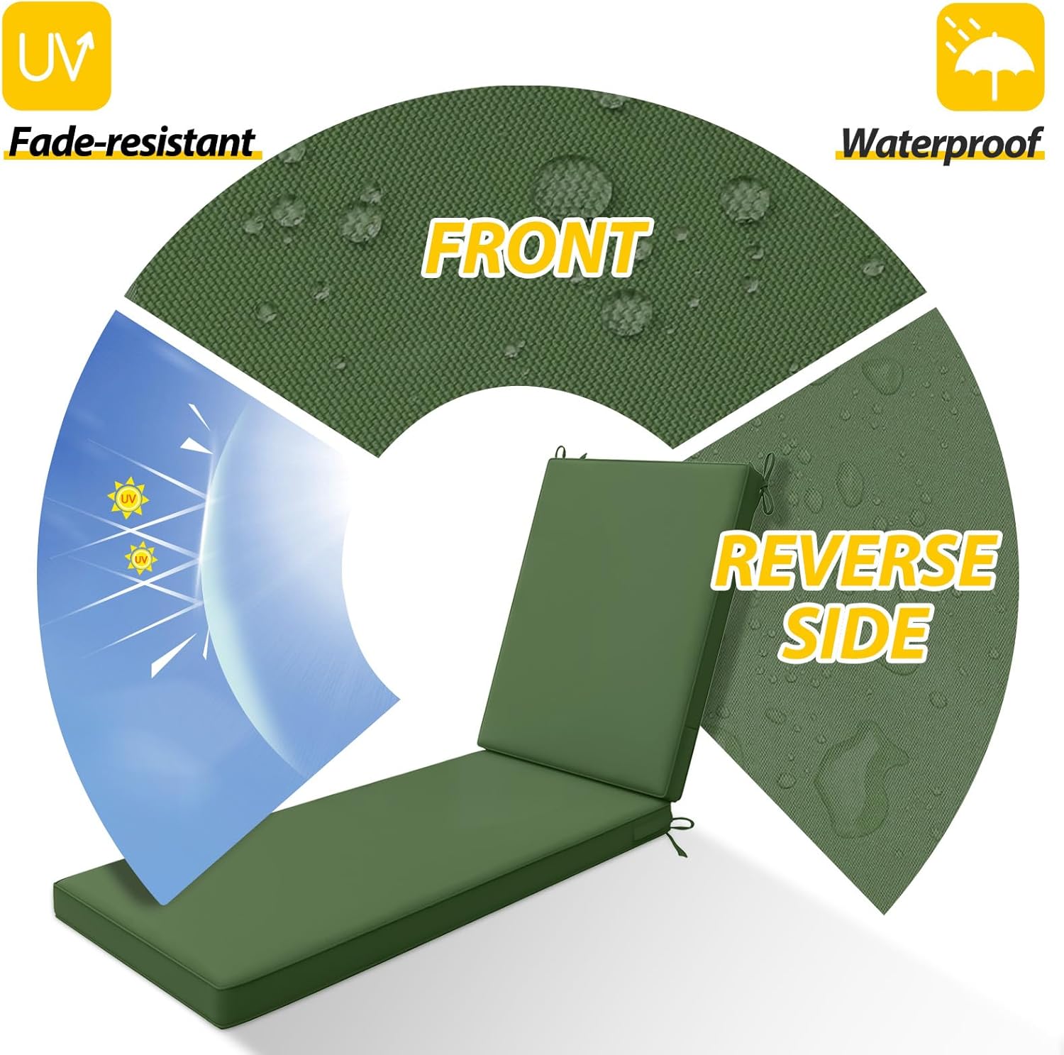 AAAAAcessories Outdoor Chaise Lounge Cushions, Waterproof, Fade-Resistant Patio Furniture Replacement Cushions, 80" x 26" x 3", Dark Moss Green