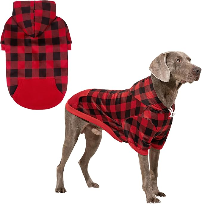 KOOLTAIL Plaid Dog Hoodie Pet Clothes Sweater with Hat and Pocket for Small Medium Large Size Dogs, Soft Winter Warm Dog Cold Weather Coat, Fleece Fall Dog Hooded Sweatshirt for Puppy Cats,Red XL/XXL