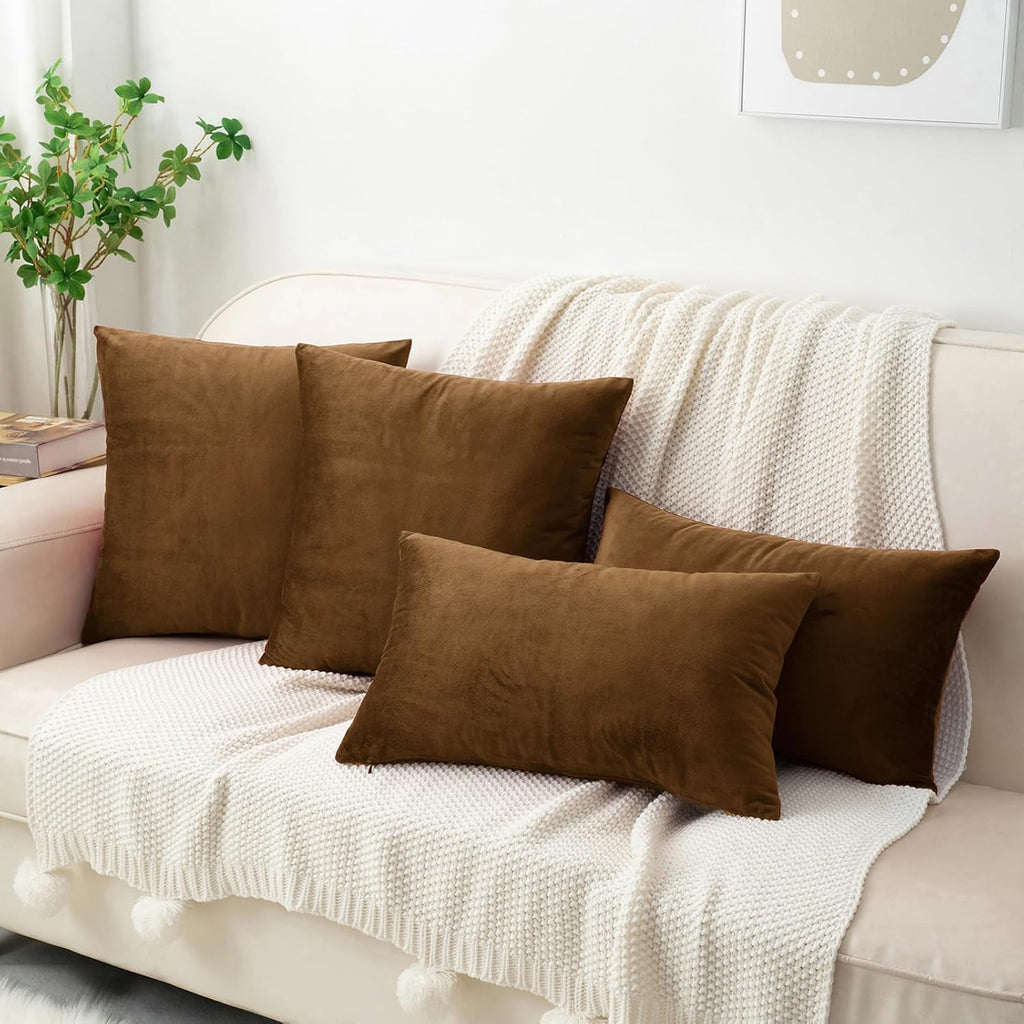 HWY 50 Coffee Velvet Throw Pillow Covers 22x22 Inch, Pack of 2 Soft Cozy Solid Decorative Luxury Cushion Cases for Couch Sofa Bed Living Room Bedroom
