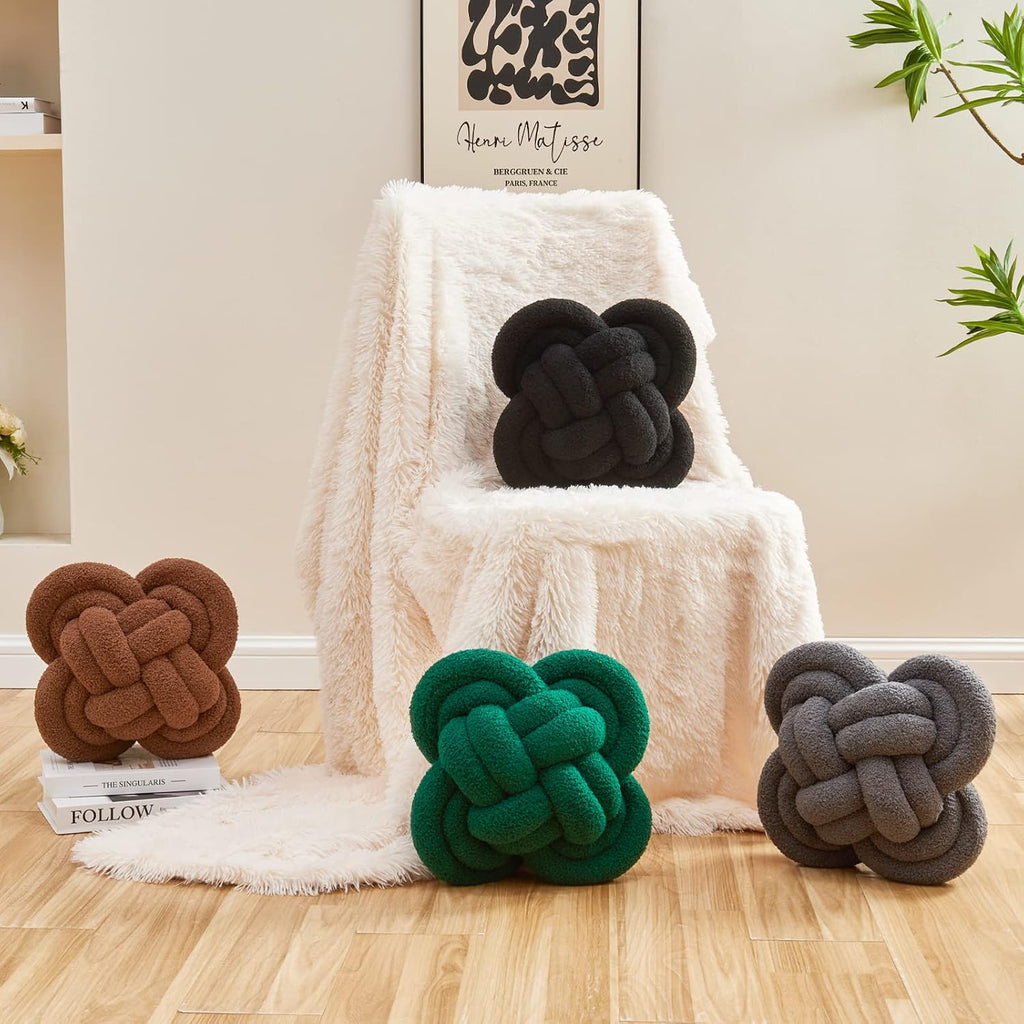 Xiashrk Knot Pillow Ball, 12" Soft Decorative Throw Pillows for Couch Bed, Dark Brown Knotted Plush Throw Pillow Handmade Square Cushion Home Couch Decor Pillows for Living Room