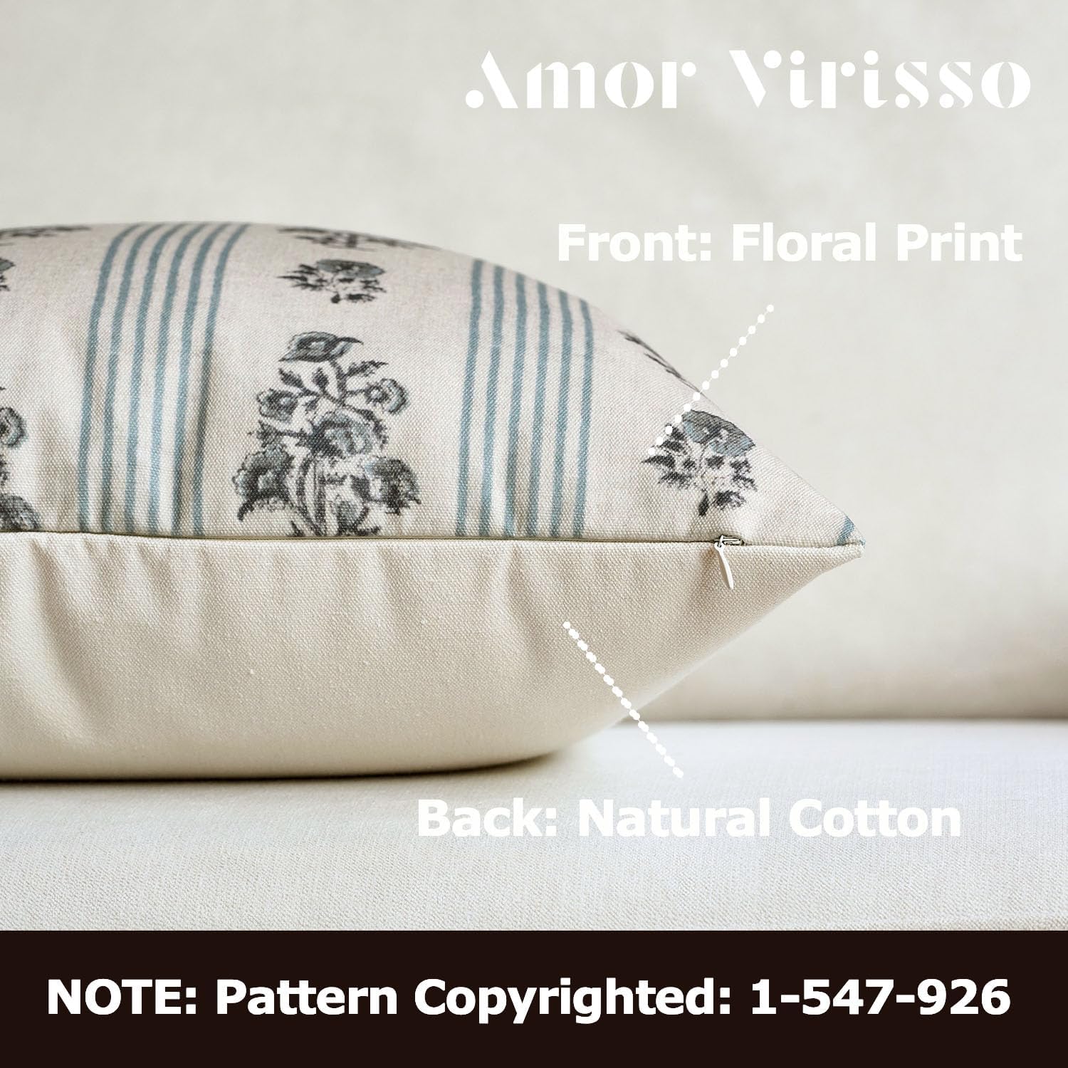 Amor Virisso Floral Throw Pillow Covers 22x22 Set of 2 Block Print Pillow Covers Neutral Floral Striped Farmhouse Decorative Pillow Covers for Sofa Couch Bed, Light Blue