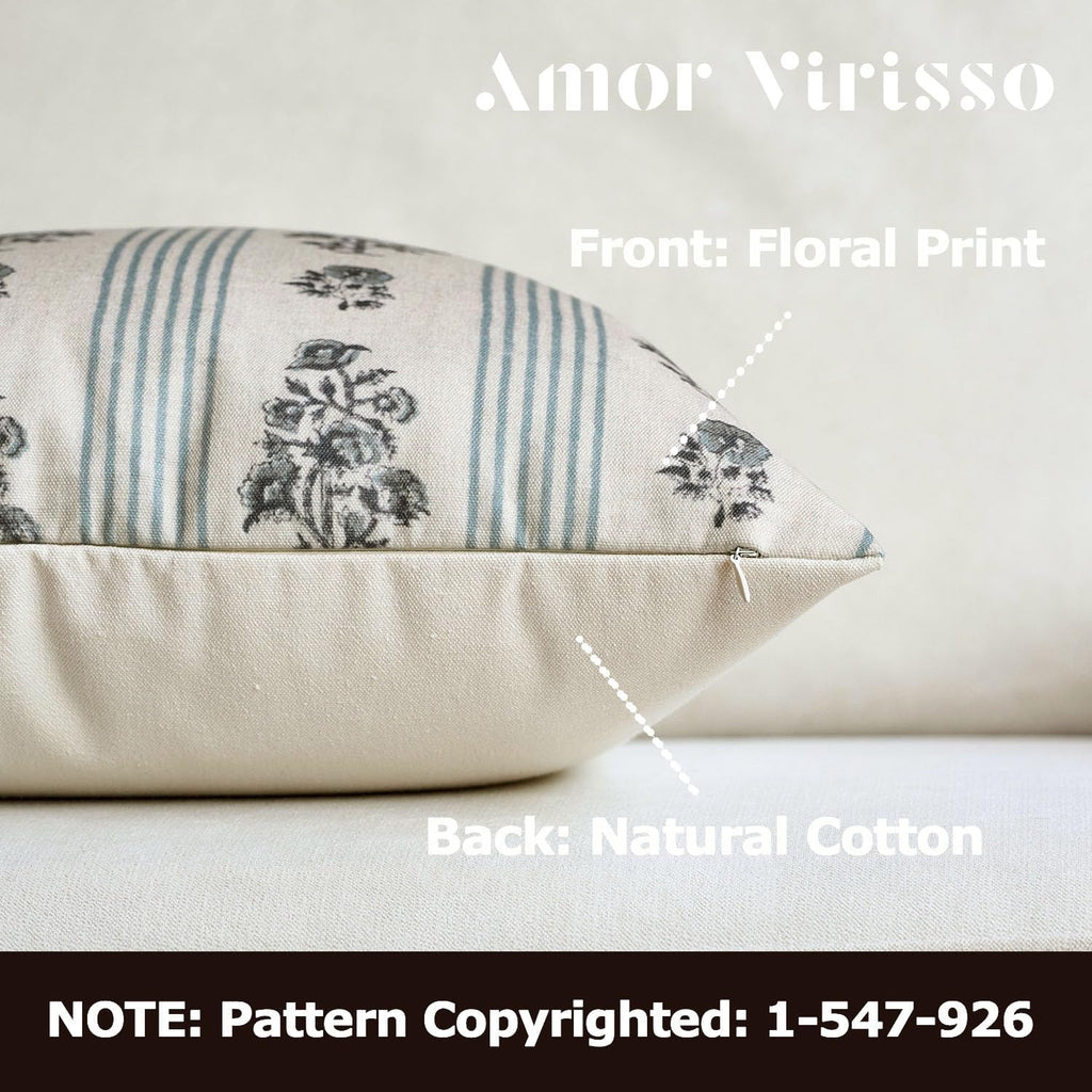 Amor Virisso Floral Throw Pillow Covers 18x18 Set of 2 Block Print Pillow Covers Neutral Floral Striped Farmhouse Decorative Pillow Covers for Sofa Couch Bed, Light Blue