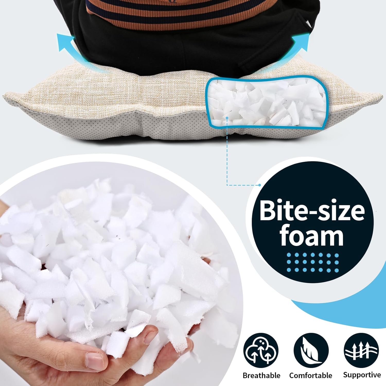 SINSOSSO Large Floor Pillow 22", Thickened Bite-Size Memory Foam Square Non-Slip Cushion for Office Back Support/Indoor Yoga/Chair Seat, Fashionable Color-Blocked Fabric & Washable, Beige, 1 PCS