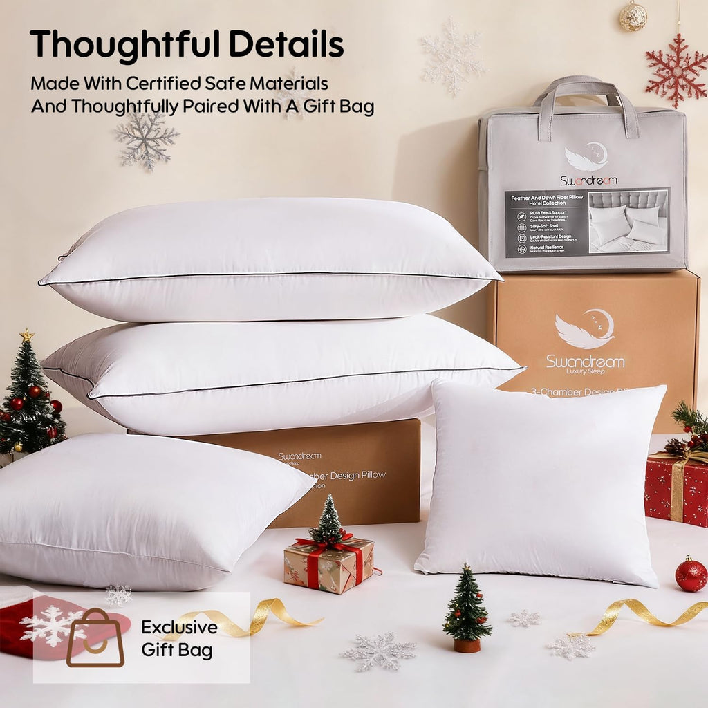Goose Feather Down Fiber King Pillows 2 Pack, Luxury 3-Chamber Pillows with Soft & Down-Proof Cover, Fluffy Plush Hotel Collection Bed Pillows for Side, Back & Stomach Sleepers, 20"x36"