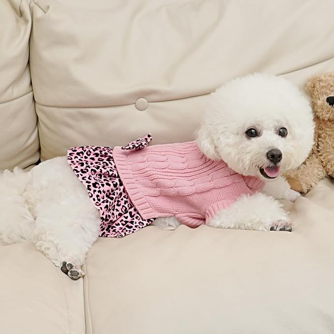 WOYYHO Girl Dog Sweater Dress with Bowtie Turtleneck Small Dogs Sweater with Leash Hole, Knitted Small Dog Sweaters Dress Puppy Winter Clothes for Yorkies Chihuahua (Large, Pink Leopard)