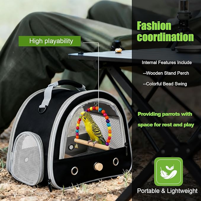 Portable Parrot Travel Cage Carrier with Small Swing Toy&Cage Colorful Toys Set Small Bird Parakeet Bag with Standing Perch Bird Carry Transport Bag (Black, Carreir/Swing)
