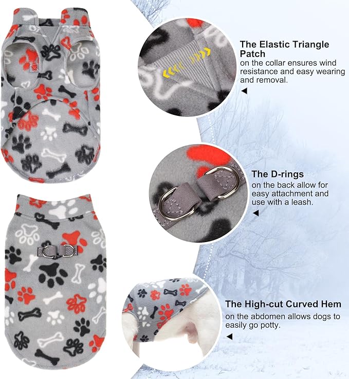 BEAUTYZOO Small Dog Sweater Fleece Vest Winter Jacket, D-Ring Leash Attachment for XS S Puppy Medium Sized Breeds Dogs, Cold Weather Dog Clothes Windproof Keep Warm, Grey Bones Paw M
