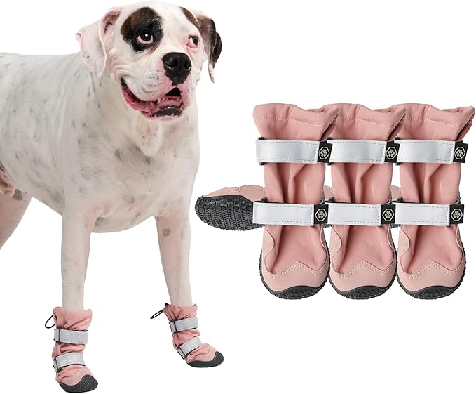 Spark Paws Dog Shoes, Waterproof Dog Boots for Medium to Large Dogs, Non Slip, Breathable Dog Booties and Paw Protectors - 4PCS Doggie Hiking Boots with Reflective Straps - Pink, Size 5