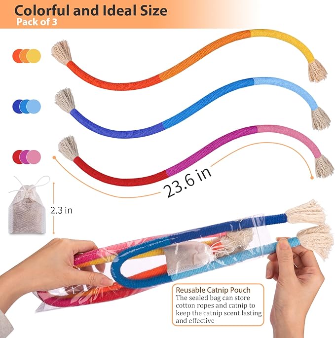 Retro Shaw Cat Toys Chew Ropes, 3PCS Catnip Kitten Toys for Indoor Cats Kitty, Safe Kitten Teething Chew Toy Cat Nip Kicker String - 23.6 Inches