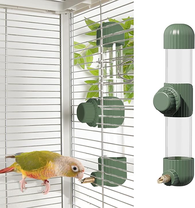 9.4 Fl Oz No Mess Bird Water Dispenser, Automatic Parrot Water Feeder with Spring Valve, Clear Cage Water Drinker for Parakeets Cockatiels Budgies Finch Lovebirds & Canary (Green, 9.4 fl oz (280ml))