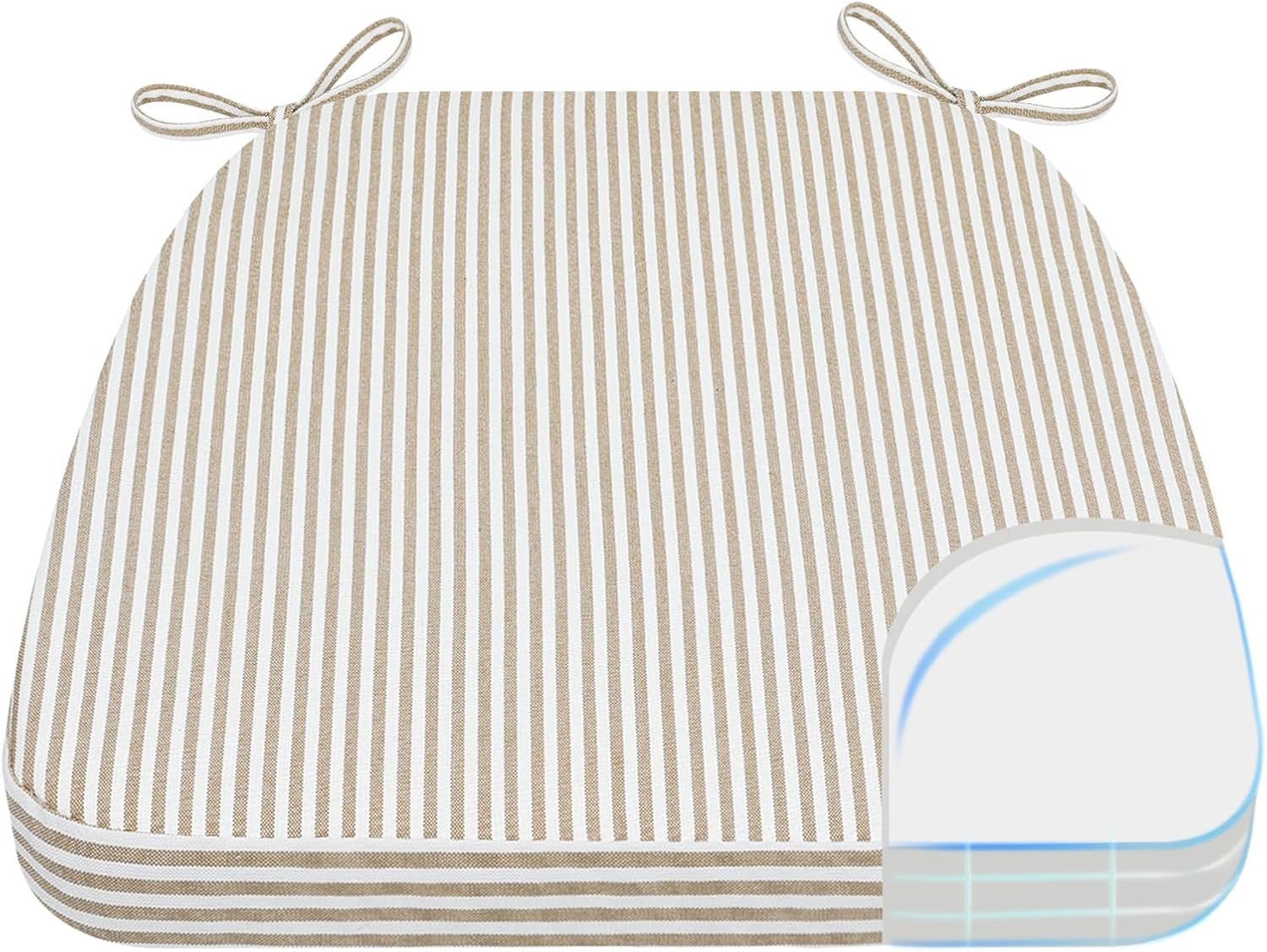 AAAAAcessories D-Shaped Chair Cushions, 2" Thick Dining Chair Pads with Ties and Removable, Machine-Washable Cover, 17" x 16", Natural Sand Pinstripe