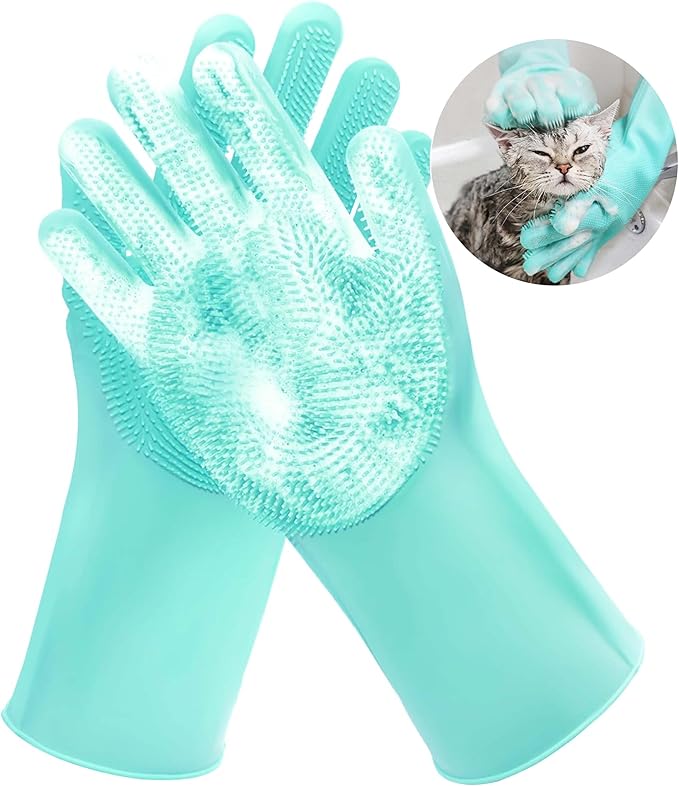 Pet Grooming Gloves，Heat-Resistant Silicone Gloves with High-Density Teeth for Enhanced Massaging and Bathing of Dogs and Cats (Green, 2 Pair)