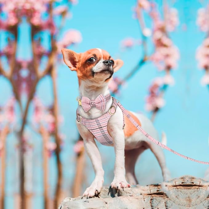 Beirui Cute Extra Small Dog Harness Collar and Leash Set with Bowtie, Soft Adjustable Plaid Puppy Harness for Small Sized Dogs Cats Walks Parties and Photoshoots(Pink,XXS:Chest 12-14")