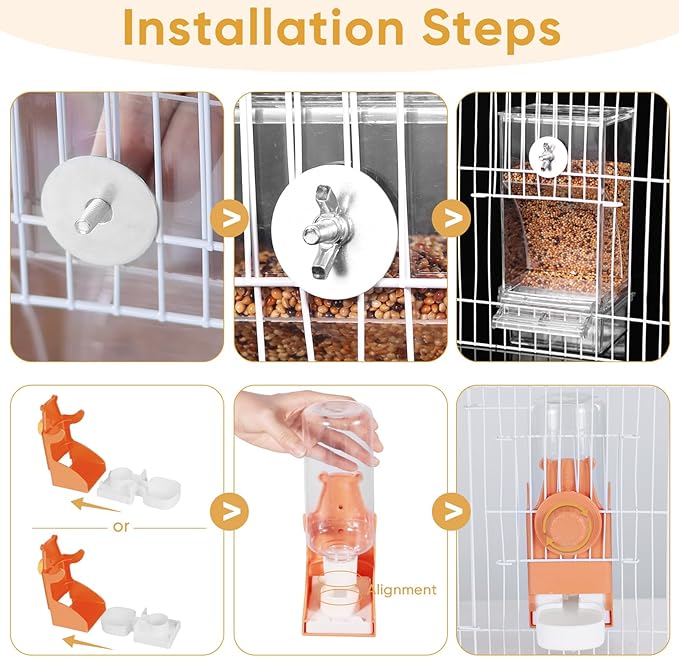 No Mess Bird Feeder for Cage, Automatic Drinker for Parakeet, Canary & Budgies (Orange)
