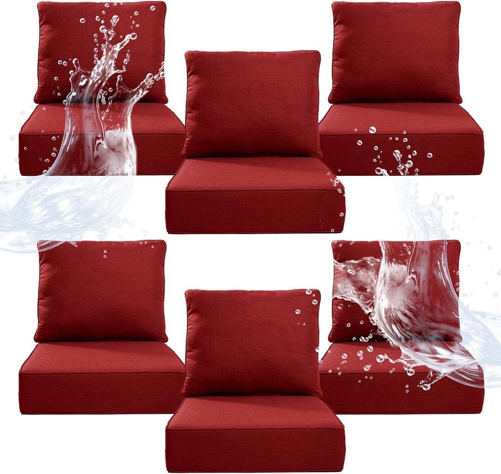 6" Thicker Outdoor Chair Cushion 6 Sets - 24" *24" *6" Waterproof Patio Furniture Cushions with Removable Cover, 28D High Density Sponge Filling Thicken Outdoor Patio Cushions - Red