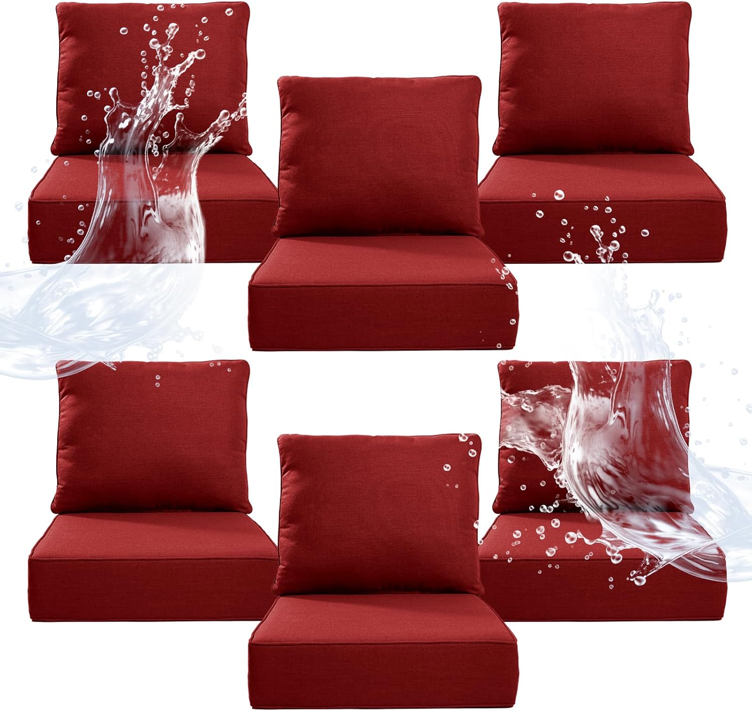 6" Thicker Outdoor Chair Cushion 6 Sets - 24" *24" *6" Waterproof Patio Furniture Cushions with Removable Cover, 28D High Density Sponge Filling Thicken Outdoor Patio Cushions - Red