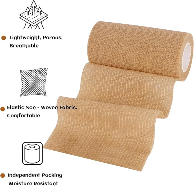 6 Rolls Elastic Self Adhesive Bandage Wrap 4 Inch, Breathable Non Woven Cohesive Bandage, Vet Wrap for Dogs, Ankle Sprains Swelling Medical First Aid Tape, Sports Athletic Tape Brown