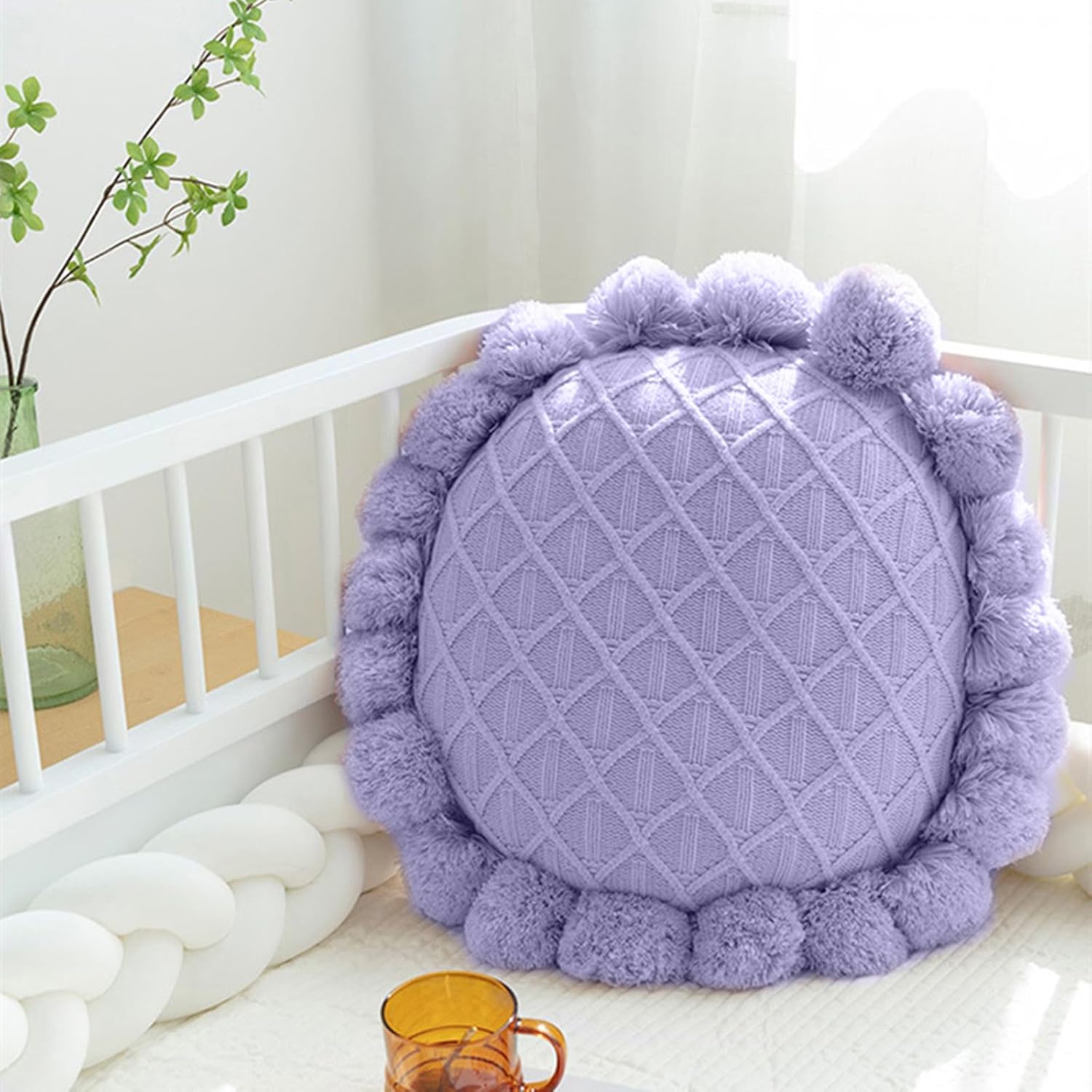 Acrylic Knitted Round Throw Pillow Knitting Bohemian Circular Cushion Pillow with Knit Handmade Pompoms Decorative Romantic Purple, Diameter 18inches