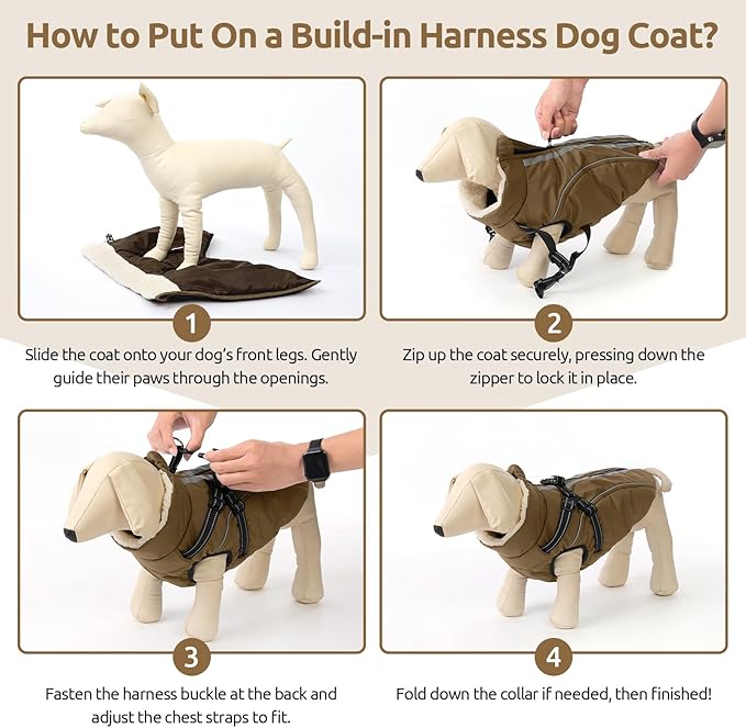 Dog Winter Coat with Harness Built in Warm Puffer Dog Jackets for Small Medium Large Dogs Windproof Waterproof Outfit with Plush Lining and Reflective Stripes (Brown, L)