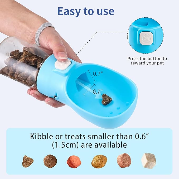 Colorday Handheld Dog Treat Dispenser Built-in Clicker & Treat Pouch, Slow Feeder for Puppy Training Walking Hiking Traveling (10 OZ, Blue)