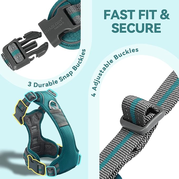 VIVAGLORY Dog Harness Easewalk No Pull Dog Harness with Handle & Front Back Clip for Training Lifting, Easy On Adjustable Padded No Pull for Pet & Puppy, M, Hunter Teal