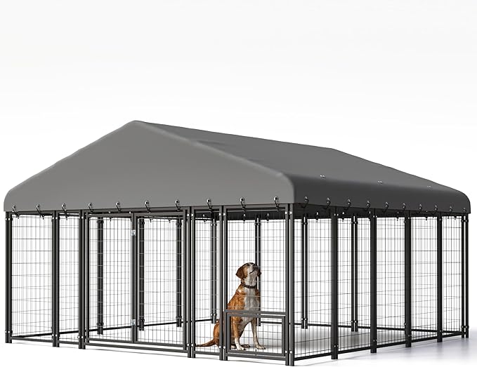 10' x 10' Large Outdoor Dog Kennel with Double Swing Doors, Heavy-Duty Dog Cage with Feeding Panel, Weatherproof Roof, Secure Fence Playpen for Large Dogs, Easy Assembly