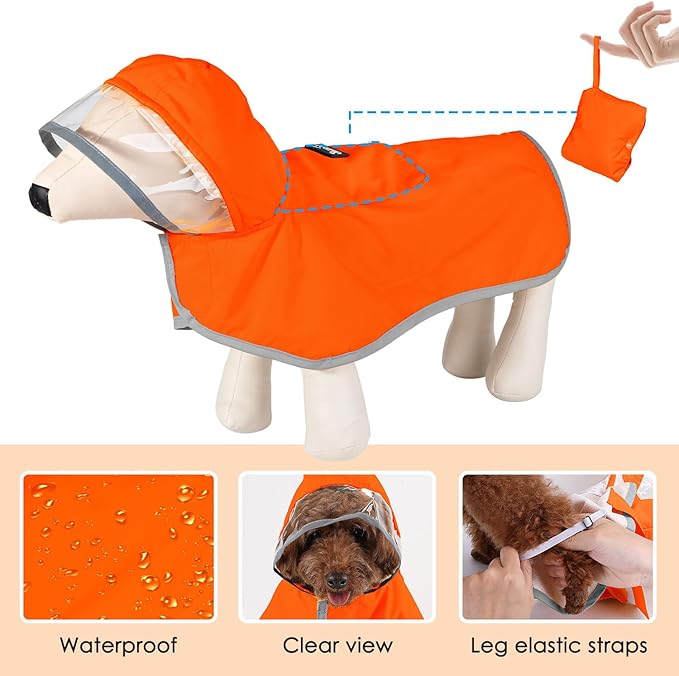 SlowTon Dog Raincoat, Adjustable Dog Rain Jacket Clear Hooded Double Layer, Waterproof Poncho with Reflective Strip Straps and Storage Pocket for Small Medium Large Dogs Puppies(OR XL)