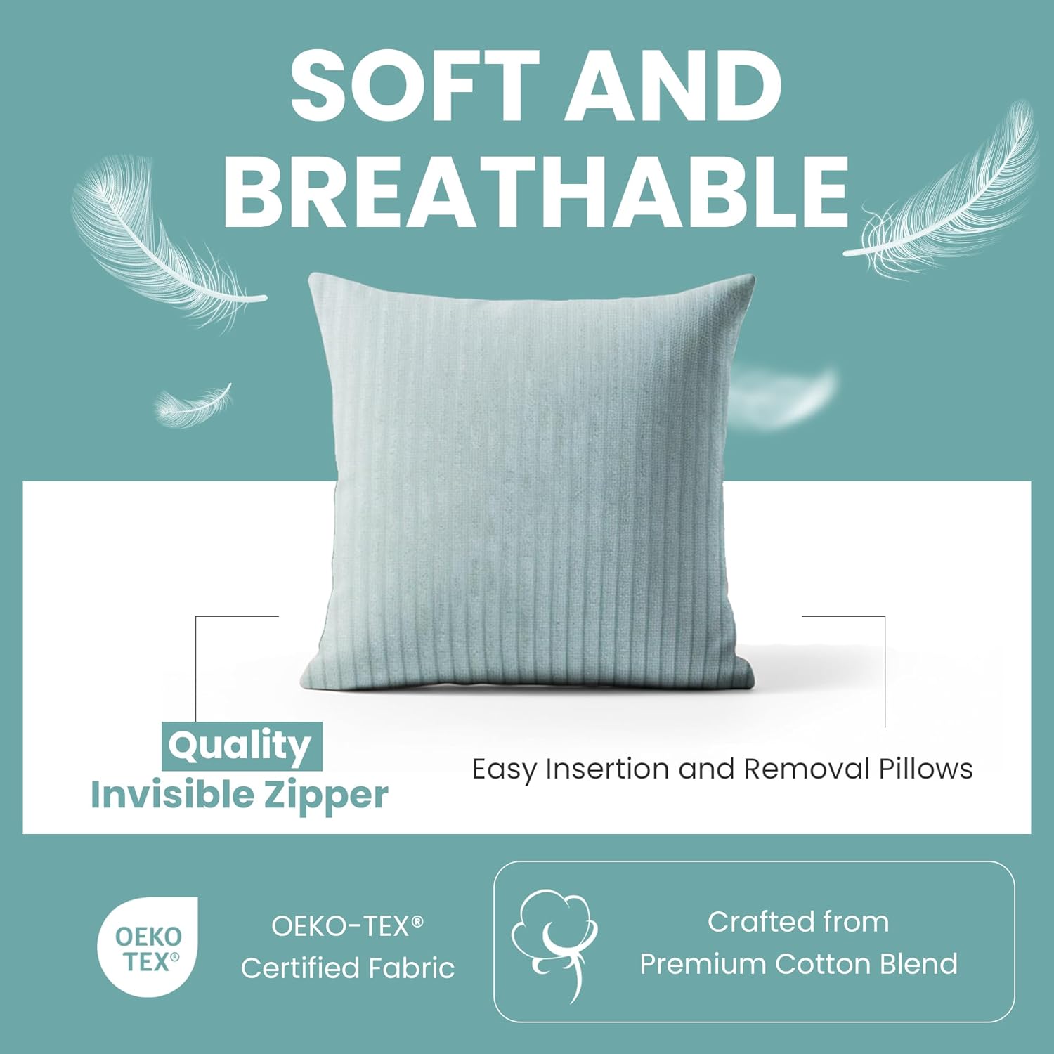 Haven & Glow Decorative Throw Pillow Cover – Square Cushion Case with Zipper | Modern Sofa, Couch & Bed Accent Pillow Covers for Living Room, Bedroom & Home Decor | 18 x 18 inches – Blue – 2 Pc