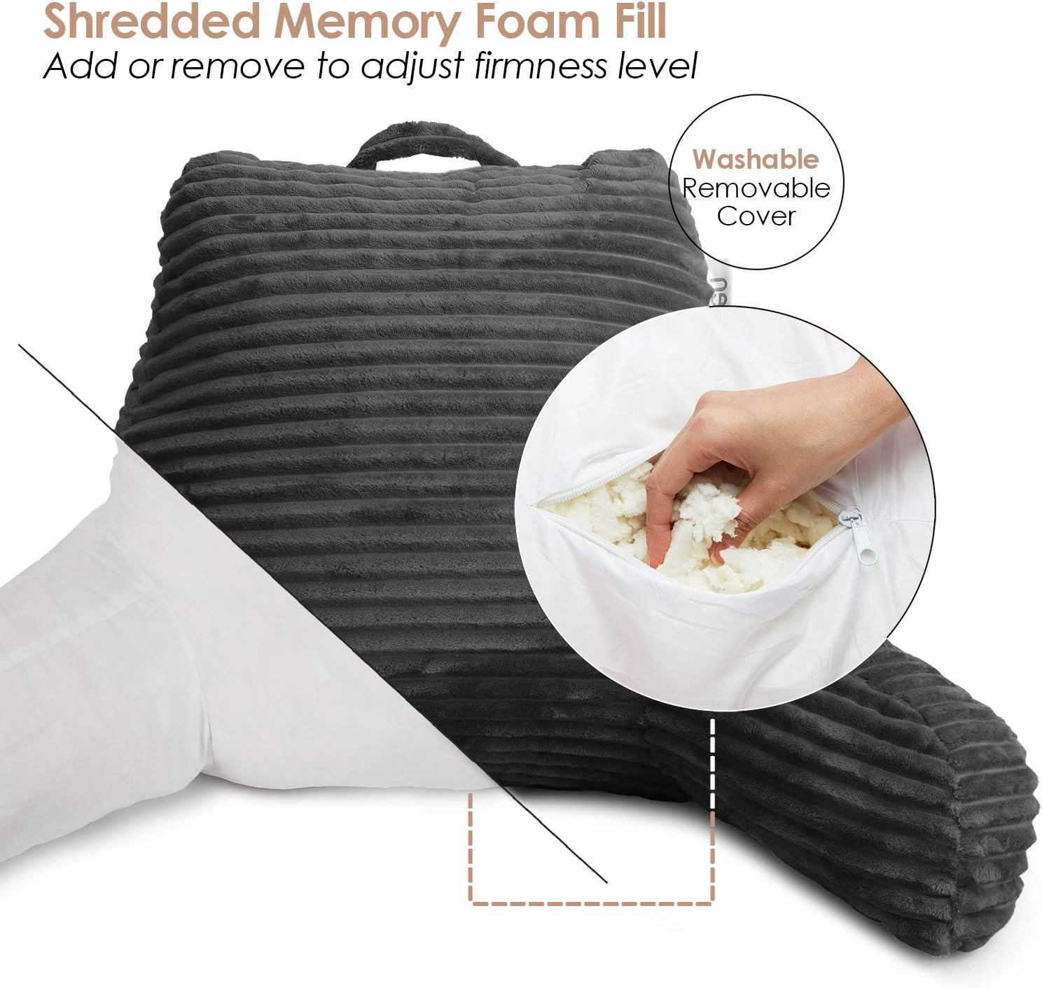 Hearth & Harbor Reading Pillow for Bed Adult – Back Pillow for Sitting in Bed, Standard Bed Pillows for Sitting Up in Bed, Foam Bed Chair Pillow, Grey Bed Rest Pillow