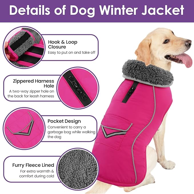 SUNFURA Dog Coat, Warm Dog Coat XXL Puffer Jacket with Harness Hole, Reflective Pet Snow Jacket Turtleneck Fleece Vest for Weimaraner, Labrador, Golden Retriever, Hot Pink 2XL
