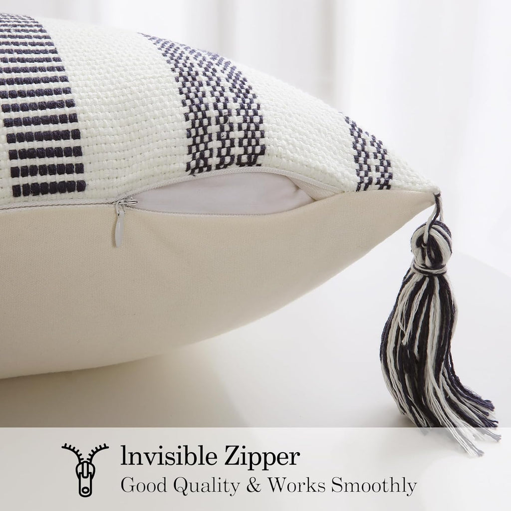 Smile Bee Spring Boho Outdoor Throw Pillow Covers Set of 2, Decorative Woven Striped Pillow Covers with Tassels for Couch Bed Sofa, 18x18 Inch, Navy Blue and Cream White