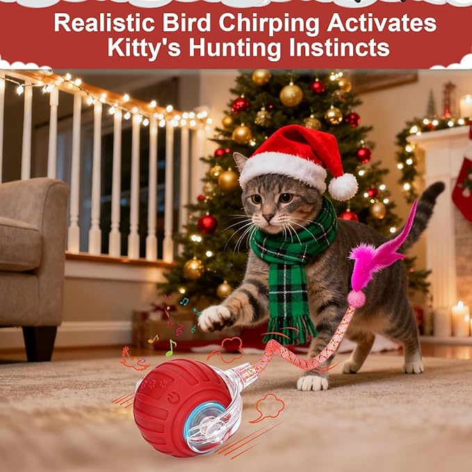 BABORUI Interactive Cat Toy Ball - Automatic Christmas Cat Toys for Indoor Cats with 5 Tails, 2 Speeds Rechargeable Cat Enrichment Toys for Small/Medium/Large Cats to Keep Them Busy