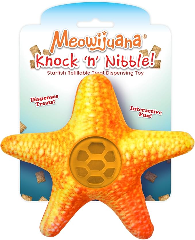Meowijuana Knock N' Nibble Starfish | Refillable Treat Dispensing Cat Toy | Promotes Play and Cat Health | Interactive Puzzle Toy for Felines
